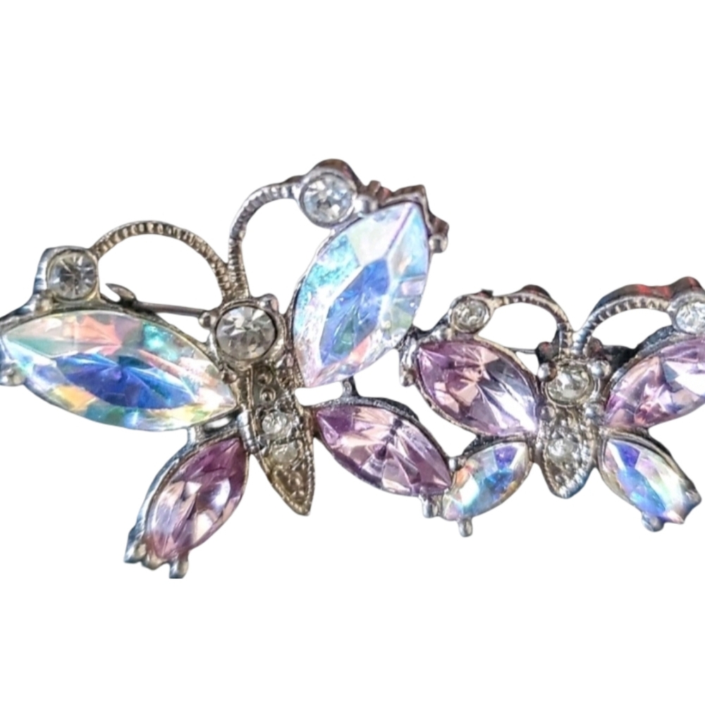 Unmarked 10K Plated Charming Costume Pair of Butterflies Aurora Borealis Brooch